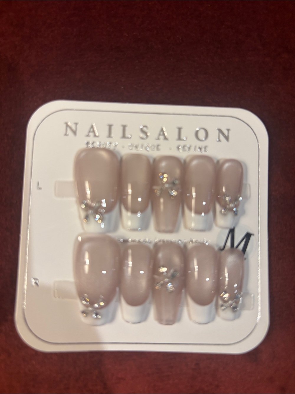 Nude Beige Press-On Nail Set with Rhinestone Accents